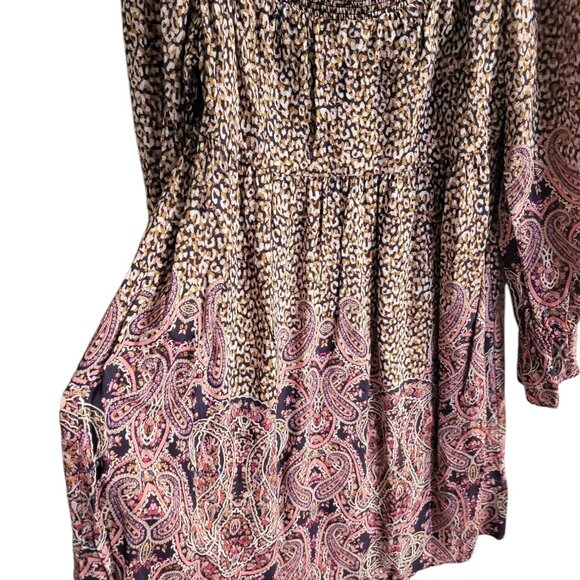 Maeve Paisley Boho Smocked Tunic Dress Square Neck Long Sleeve Milou Womens L - Picture 7 of 12